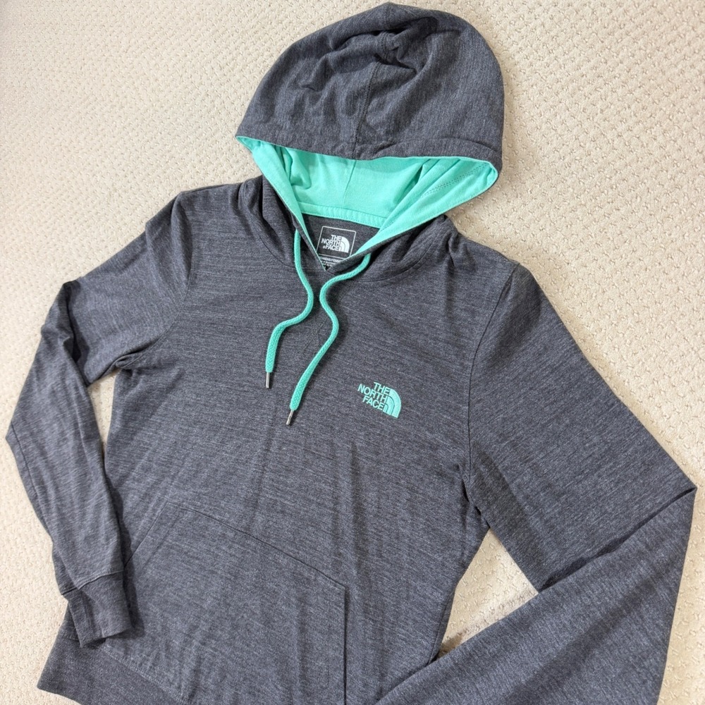 North Face Hoodie Womens Med Heathered Gray Teal Pullover Kangaroo Pocket Active - Picture 2 of 7